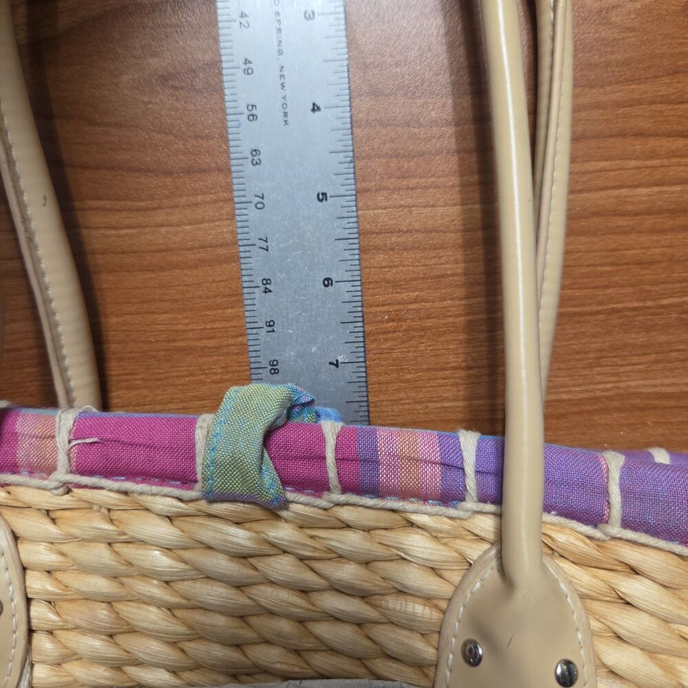 Lauren Ralph Lauren Woven Straw Basket Tote Bag PlaidMulticolor Canvas Beach Bag - Picture 7 of 12